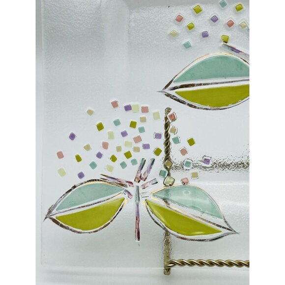 Vintage Hand Painted Mosaic Floral Square Dinner Plate Frosted Green Serve Ware - Picture 3 of 5